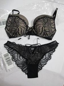 NWT Victoria's Secret Very Sexy Black Lace Up Push Up Bra 32C Cheekini Panty XS - Picture 1 of 11