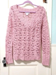 Newport News Acrylic WOOL Open Knit Pullover Sweater Medium Pink Rose Accent EUC - Picture 1 of 12