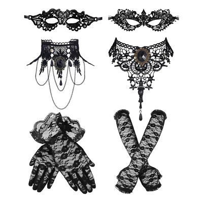 6pcs Masquerade Costume Set Lace Mask Choker Necklace Gloves Halloween Cosplay - Image 1 of 4