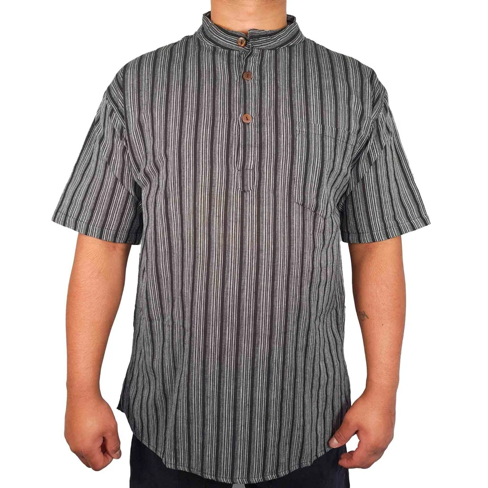 Mens Black Kurta Striped T Shirt Half Sleeve Indian Clothing Hippie Ethnic - Image 1 of 1