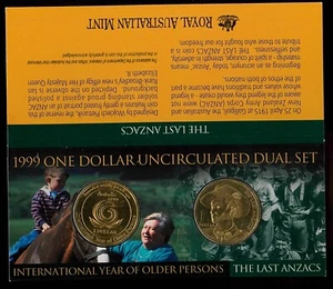 1999 Australian $1 Twin Coins Pack Last ANZACS & Int. Year Older Persons Folder - Bild 1 von 2