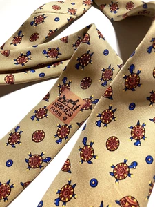 HERMES VINTAGE ROUND TORTOISE TIE SPACE SHIP UFO ANIMAL HIGH END FRANCE BEIGE - Picture 1 of 18