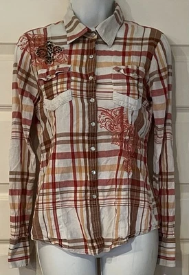 Xadrez feminino rugido colorido bordado coragem vaqueira ocidental encaixe tamanho M - Imagem 1 de 4