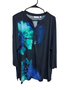 Susan Graver Floral Popover Tunic Blouse Navy Plus Size 2X Button Neck Bohemian - Picture 1 of 9