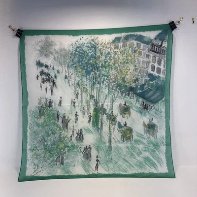 Vintage Representational Cityscape 25”x25” Scarf Horse Drawn Carriages - Image 1 of 4