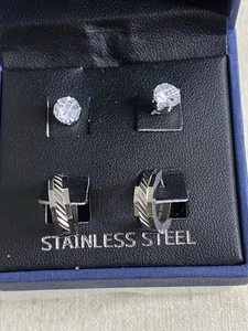 Anthony Jacobs 2 Pairs Stainless Steel Men's Stud & Huggie Earrings Set NWT BOX - Picture 1 of 7