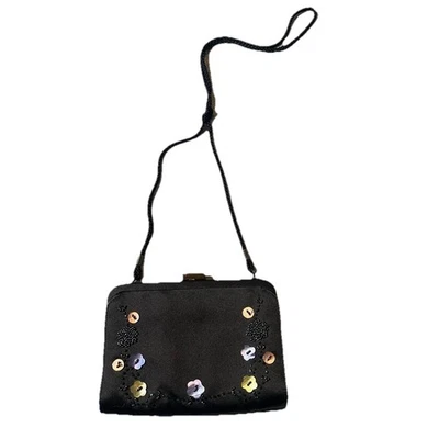 Hillard & Hanson Clutch Shoulder Bag vintage black satin beaded floral kiss lock - Image 1 of 4