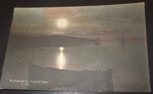 1908 RPPC TROMSO NORWEGEN MITTERNACHTSSONNE MIDNATSOL TROMSO HAVN HAFEN Echtfoto - Bild 1 von 2