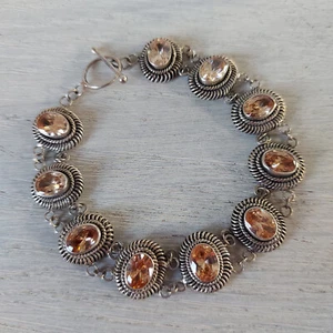 Silver 925 10 Stone Faceted Citrine T-Bar Bracelet 7.5in/20cm BoHo Style Orange - Picture 1 of 4