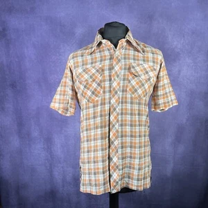 Vintage 1970s Short Sleeve Dagger Collar Orange Brown White Check XL - Picture 1 of 9