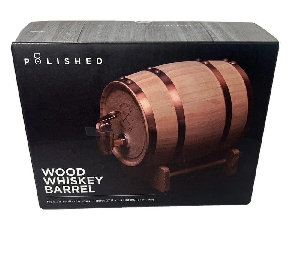 Polished Wood Whiskey Barrel Premium Spirits Dispenser 27 Fl. Oz