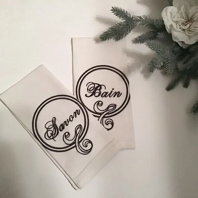 Pottery Barn Set Hand Towels Linen Blend Embroidered French Bath Soap Bain Savon - Image 1 of 4