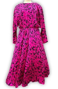 VTG 80's Fit and Flare Dress in Pink and Black 100% Silk  w/ Shoulder Pads - Picture 1 of 6