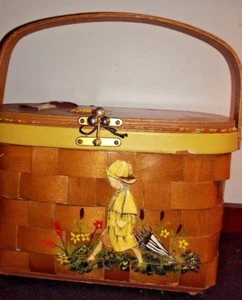 Vintage Hand Painted Cane Basket with Handle and Applique - Picture 1 of 8