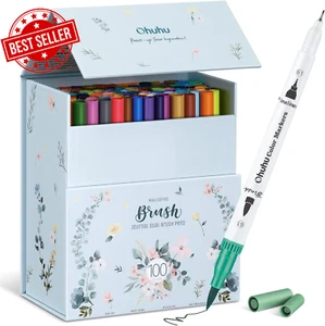 100 Colouring Pens, Dual Tip Markers, Art Set for Kids, Adults, Calligraphy - Picture 1 of 12