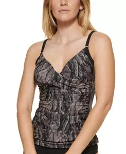Calvin Klein GRAY MULTI Printed Twist Tummy-Control Tankini Swim Top, US X-Small - Picture 1 of 2