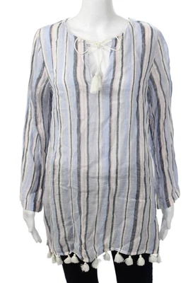 C&C California Women Black Striped Linen Tunic Long Sleeve Drawstring Size S - Image 1 of 4