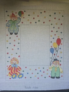 Hand-painted Needlepoint Canvas, Circus Clowns Picture Frame, 18" mesh - Picture 1 of 4