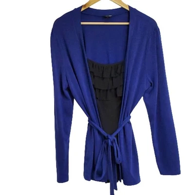 Cárdigan East 5th Azul Marino Negro Volantes Inserción Manga Larga Suéter Ropa Profesional Grande Foto 1 de 4