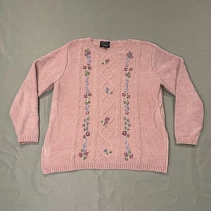 Maglione Vintage Donna XL Rosa Ciniglia Ricamo Floreale Maglia Cavo Grandmacore - Foto 1 di 11