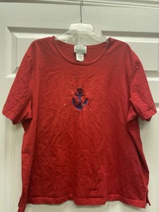 Vintage Quacker Factory 3X Top Red Blue Embroidered Anchor Sequins Euc Pit 28 - Picture 1 of 7