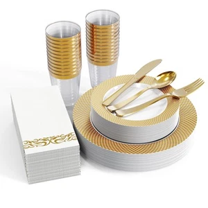 175 Ct Gold Dinnerware Set for 25 Guests - Disposable Plastic Plates with Gol... - Picture 1 of 8
