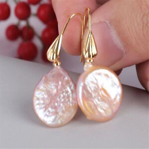 Pink coin Baroque Pearl Earring 18k Zircon Hook Women AAA Accessories Natural