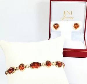 Juego de 2 piezas de pulsera y pendientes de ámbar dorado de 14 quilates - Imagen 1 de 12