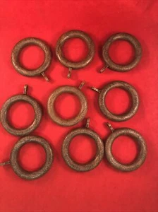 9 Vintage Brown Vintage Wooden Curtain Rod Drapery Round Rings Eye Hooks - Picture 1 of 3