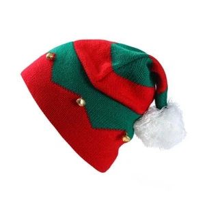 Elf Christmas Beanie Holiday Hat with Small Bells Knitted Santa Skull - Picture 1 of 7