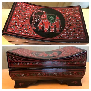 Portagioie vintage dipinto a mano in legno dipinto laccato scatola asiatica 6,7 x 3,5" - Foto 1 di 9