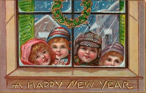 Children in Window Happy New Year Vingtage Postcard PM1909 - Picture 1 of 2