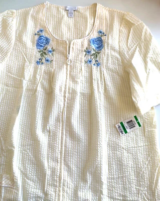 CHARTER CLUB Nightgown L SEERSUCKER Stripe EMBROIDERED Flowers Full Zip NWT - Image 1 of 4
