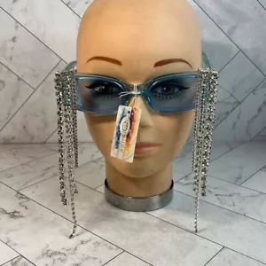 NWT Womens Fashion Sunglasses Long Crystals Bling Retro Blue UVA & UVB 400 - Picture 1 of 5