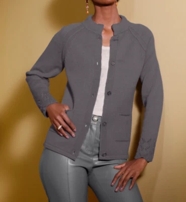 445666+ Creation L Damen Weste Strickjacke anthrazit Ajourbordüre NEU Gr 36 - 46