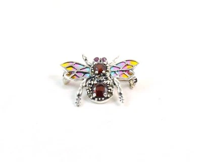 Spilla in Argento 925 con Granato,Rubini,Marcassite e Smalto.Made in Italy - Immagine 1 di 4