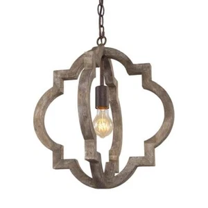 LNC Pendant 1-Light Adjustable Wood Geometric Chain LED Rustic Lantern Bronze - Picture 1 of 10