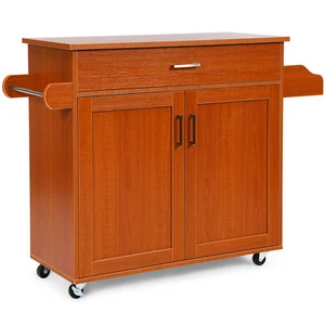 Rolling Kitchen Island Cart Storage Cabinet w/ Towel & Spice Rack Cherry - Picture 1 of 8