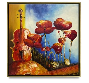 Hungryartist -Original Painting of Guitar &Flower on Canvas 25x25 Framed - Picture 1 of 5