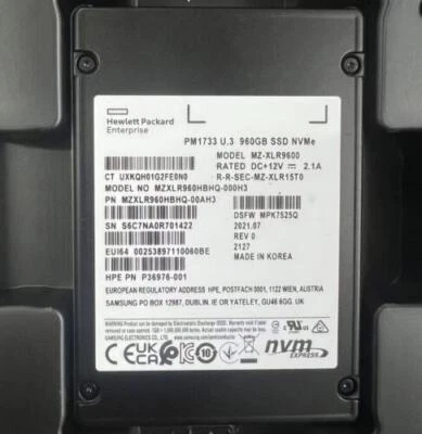 NEW HP Samsung PM1733 960GB SSD HPE U.3 NVME PCIE MZ-XL59600 MZXL5960HBHQ-00AH3 - Image 1 of 4