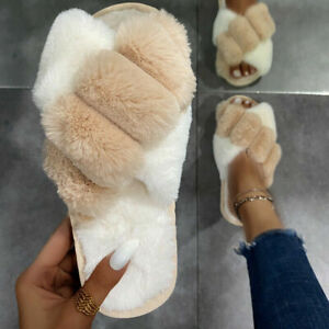 Ladies Fluffy Slippers Women Plush Cross Band Slipper Open Toe Flat Indoor Shoes