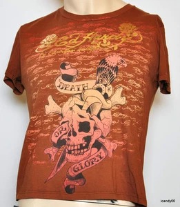 Nwt ED HARDY 'Death or Glory' Boy's Cotton/Foil Tee Top T-Shirt ~Brown *XL 14 - Picture 1 of 5