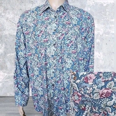 Tango By Max Raab Shirt Mens Large Blue Floral Button-Up Preppy Casual USA 90s - Image 1 of 4