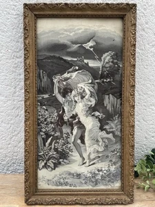 Romantischer Wandteppich 19.Jh. - Paar auf der Flucht vor dem Sturm - alter Goldrahmen » - Bild 1 von 13