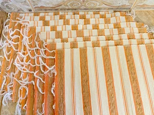 NWOT - set of 6, peach & beige jute wicker, woven fringed placemats - 20" x 13" - Picture 1 of 7