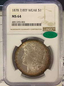 1878 7/8 TF Weak Morgan Silver Dollar NGC MS64 CAC!   Wonderful Original Color