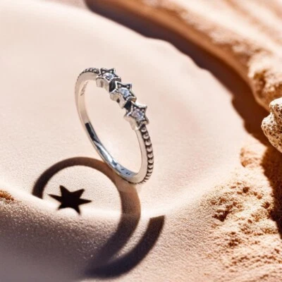 Anillo Estrellas Celestiales Brillantes, Anillo de Plata con Estrellas de Circonitas, Piedras Transparentes Foto 1 de 4