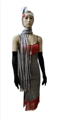 Vestido rojo plateado años 20 Great Gatsby Flapper rugiente años 20 y accesorios XS S Foto 1 de 4