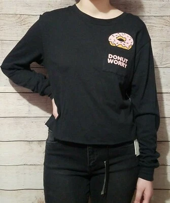 Love Tribe Junior Women's Donut Worry T-shirt Medium Black Cropped Long Sleeve - Image 1 of 4