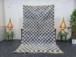 Moroccan Boujaad Handmade Rug 5'x7'8'' Berber Checkered White Blue Wool Rug - Picture 1 of 12